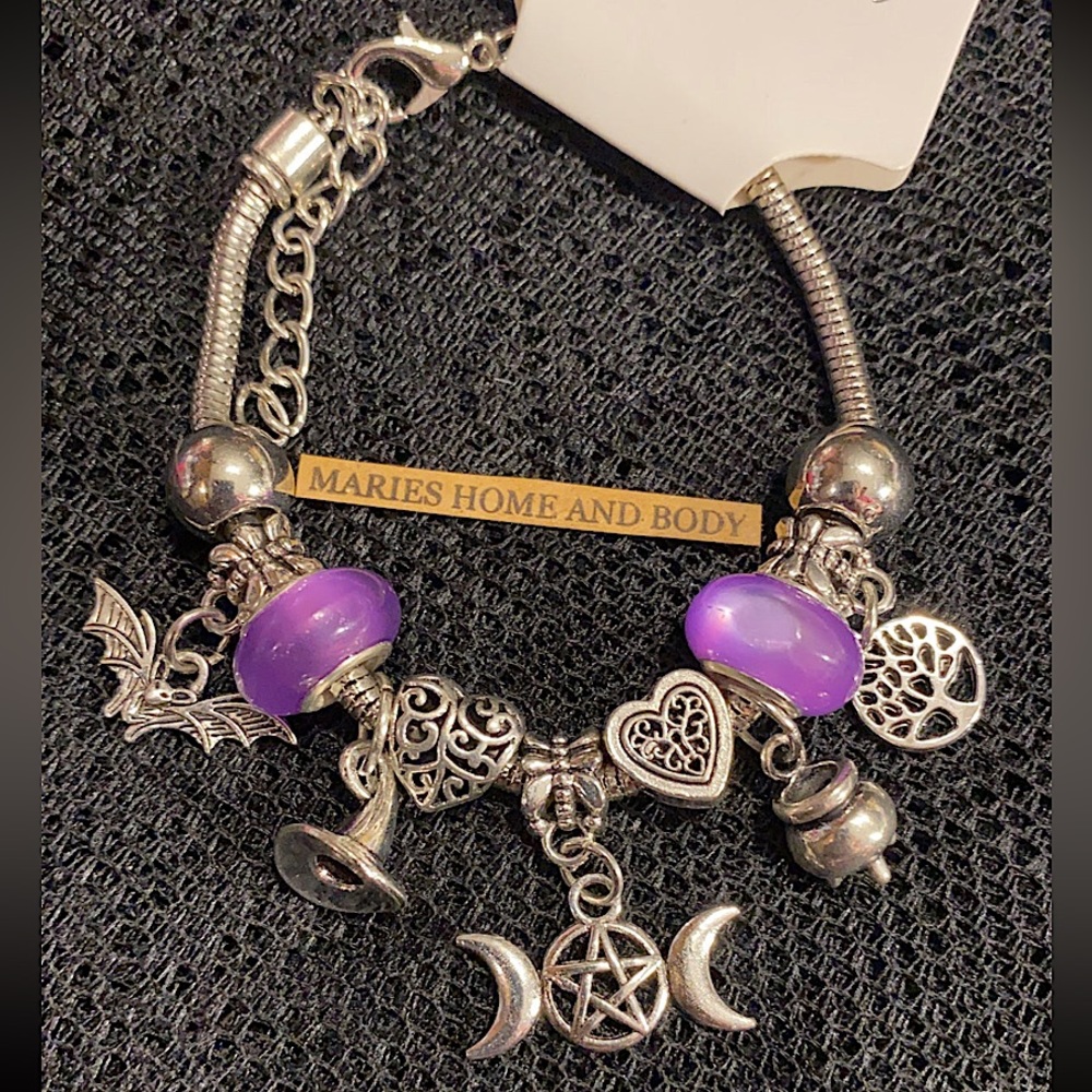 Charm Bracelet Purple Silver Pentagram Moon Witch Jewelry New Spooky Bat Womans